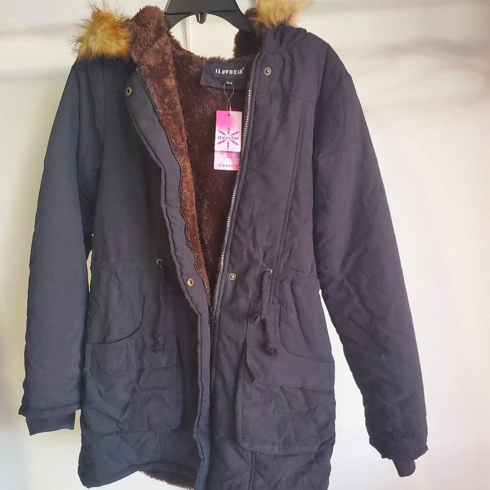 NWT I LOVE SIA Women's Hooded Sherpa Lined Parka Jacket Black Size 6 $200 N11